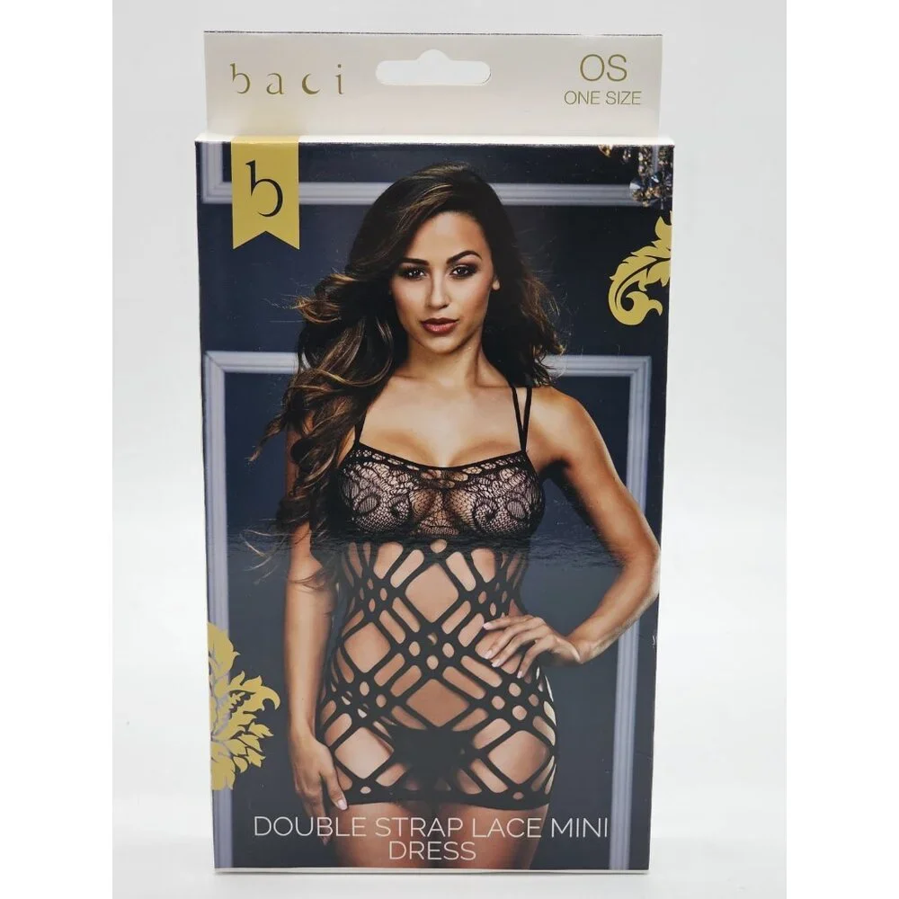 Baci Lingerie Women's Queen Size 14-18 Black Sheer Double Strap Lace Mini Dress